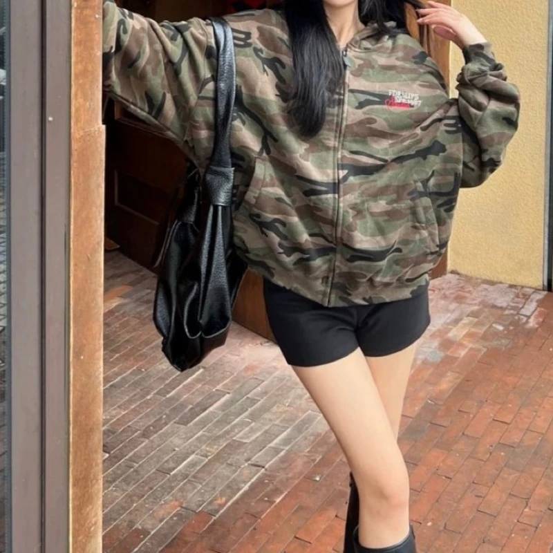 Streetwear Camouflage Casual Hoodies Harajuku Letter Embroidery Punk Jacket Women Y2k Aesthetic Pocket Casual Grunge Sweatshirts