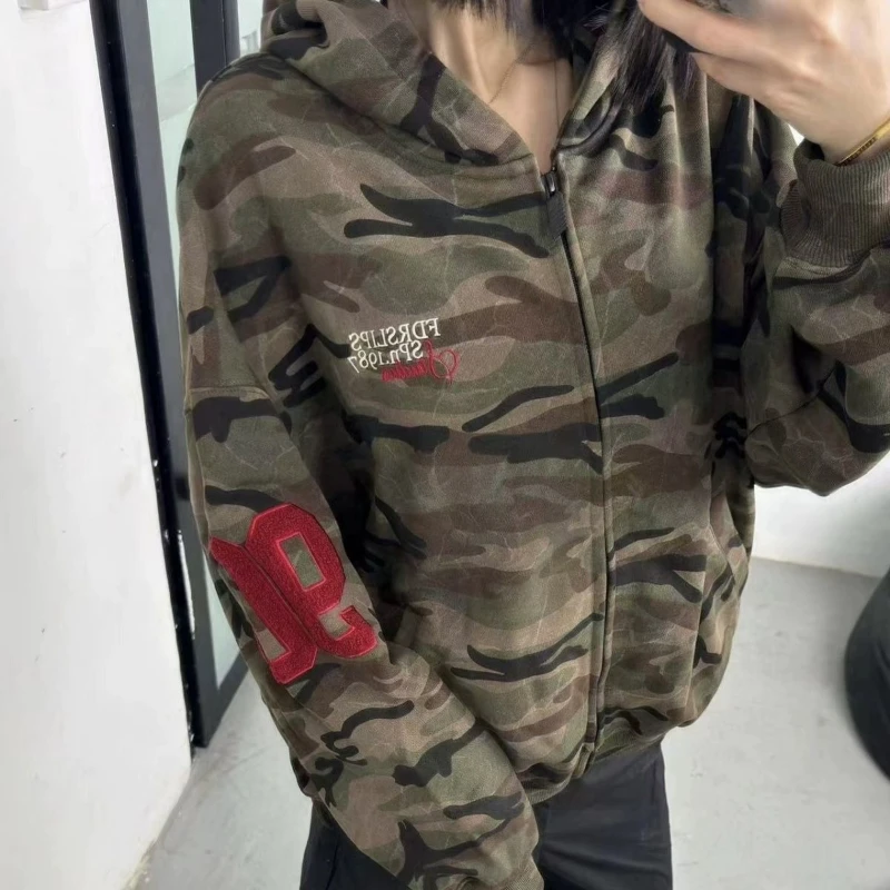 Streetwear Camouflage Casual Hoodies Harajuku Letter Embroidery Punk Jacket Women Y2k Aesthetic Pocket Casual Grunge Sweatshirts