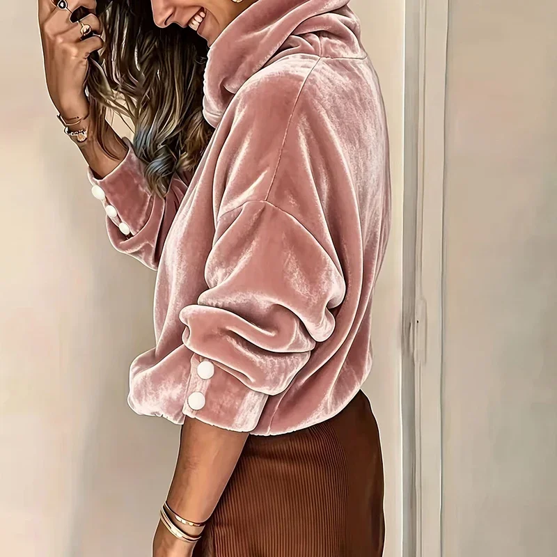 Gold Velvet Sweatshirts Women Autumn Winter Long Sleeve Solid Color Long Sleeve Turtleneck Blouses Women All-match Vintage Tops