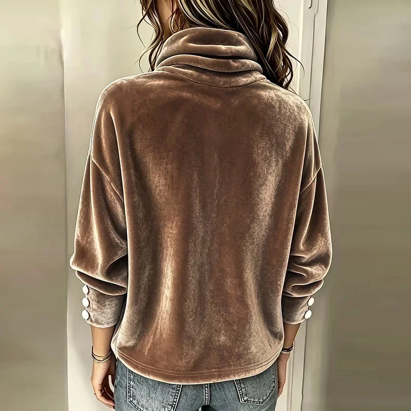 Gold Velvet Sweatshirts Women Autumn Winter Long Sleeve Solid Color Long Sleeve Turtleneck Blouses Women All-match Vintage Tops