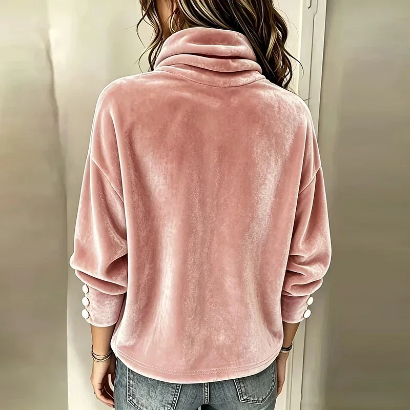 Gold Velvet Sweatshirts Women Autumn Winter Long Sleeve Solid Color Long Sleeve Turtleneck Blouses Women All-match Vintage Tops