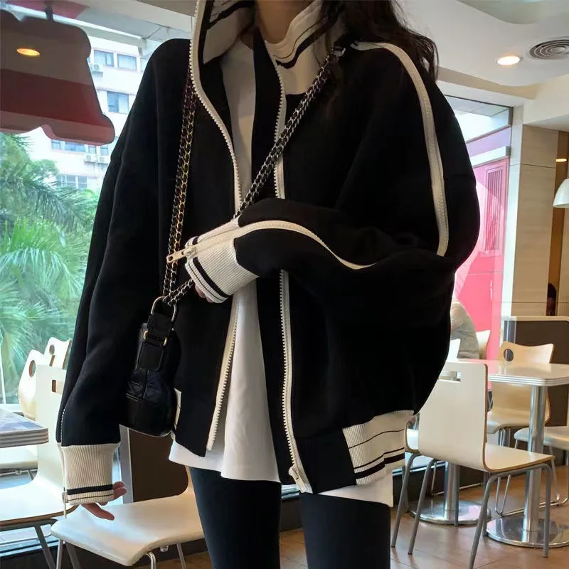 American Retro Stand Collar Sport Jacket for Women Autumn Fashion Zipper Sweatshirt Female Hip Hop Streetwear Cool Outerwear