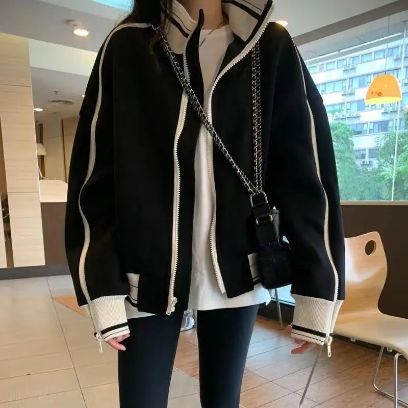 American Retro Stand Collar Sport Jacket for Women Autumn Fashion Zipper Sweatshirt Female Hip Hop Streetwear Cool Outerwear