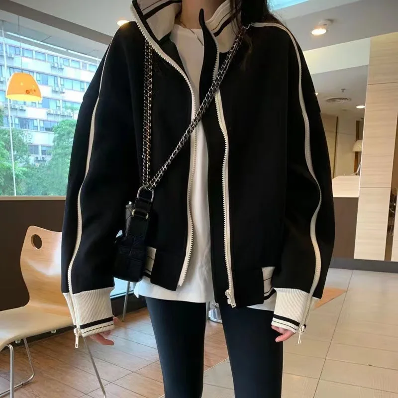 American Retro Stand Collar Sport Jacket for Women Autumn Fashion Zipper Sweatshirt Female Hip Hop Streetwear Cool Outerwear
