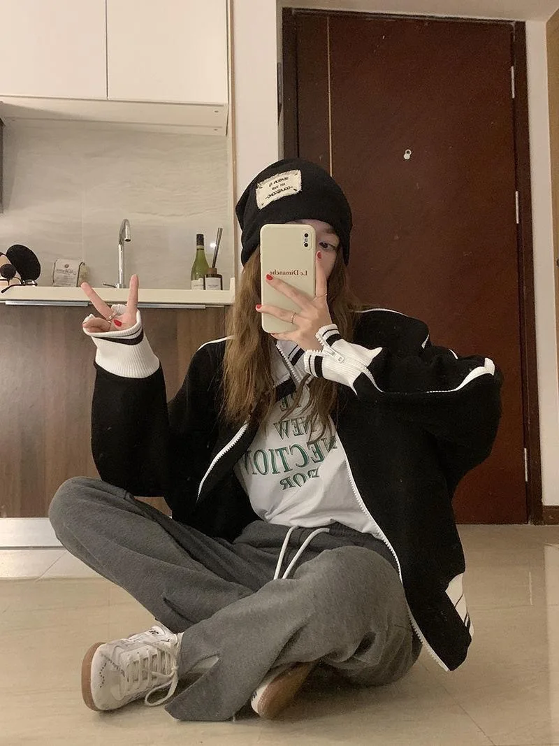 American Retro Stand Collar Sport Jacket for Women Autumn Fashion Zipper Sweatshirt Female Hip Hop Streetwear Cool Outerwear