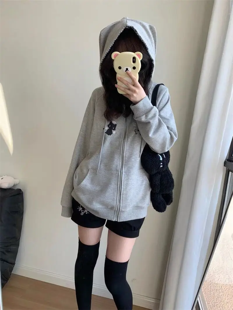 Deeptown Japanese Style Kawaii Hoodies Women Harajuku Sweet Cartoon Hooded Sweatshirt Thin Cutecore Oversize Zipper Cardigan