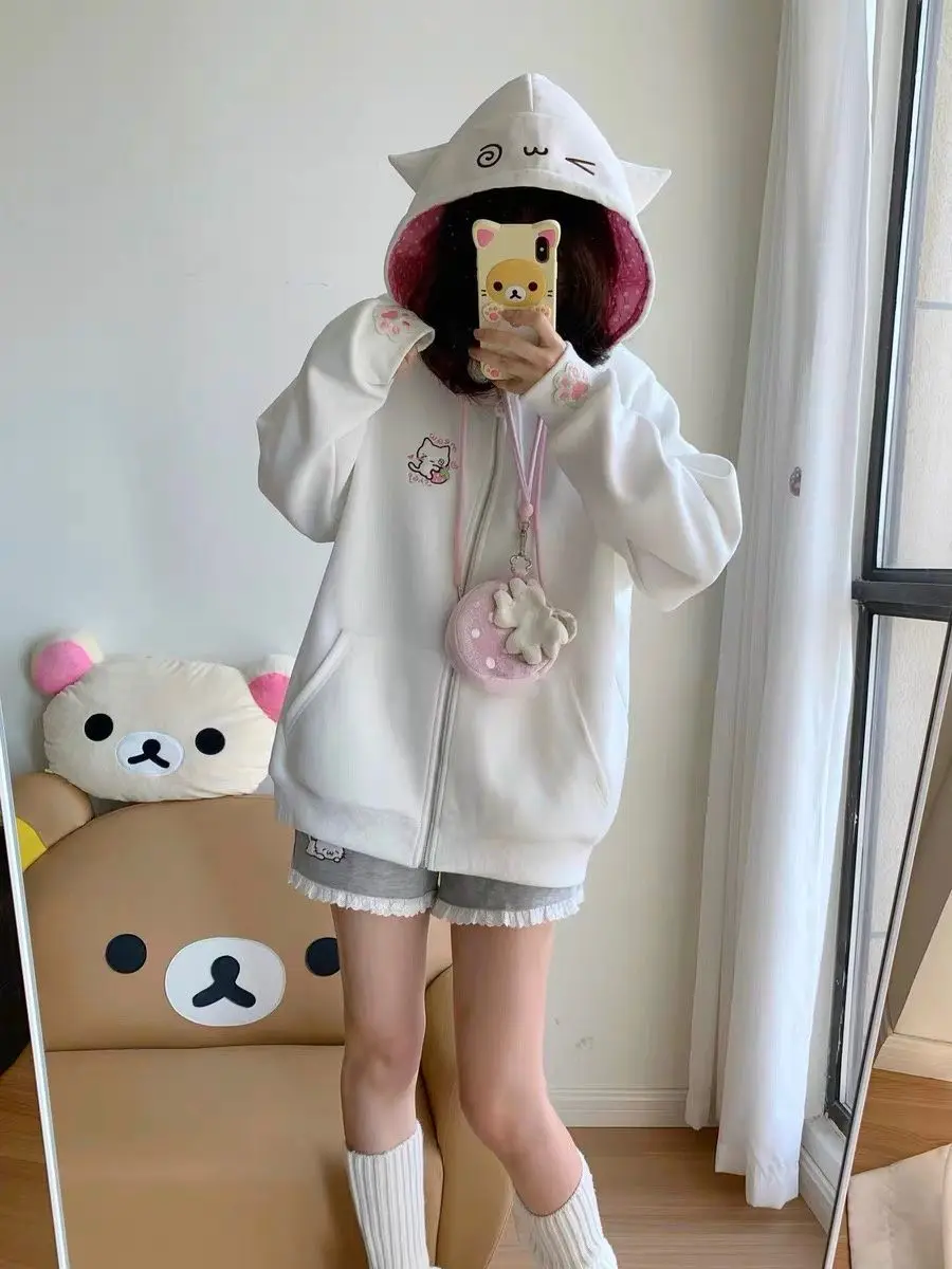 Deeptown Japanese Style Kawaii Hoodies Women Harajuku Sweet Cartoon Hooded Sweatshirt Thin Cutecore Oversize Zipper Cardigan