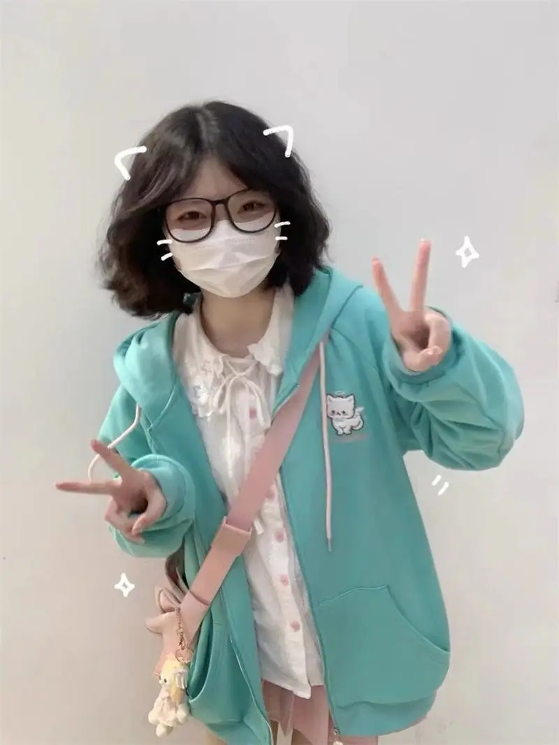 Deeptown Japanese Style Kawaii Hoodies Women Harajuku Sweet Cartoon Hooded Sweatshirt Thin Cutecore Oversize Zipper Cardigan