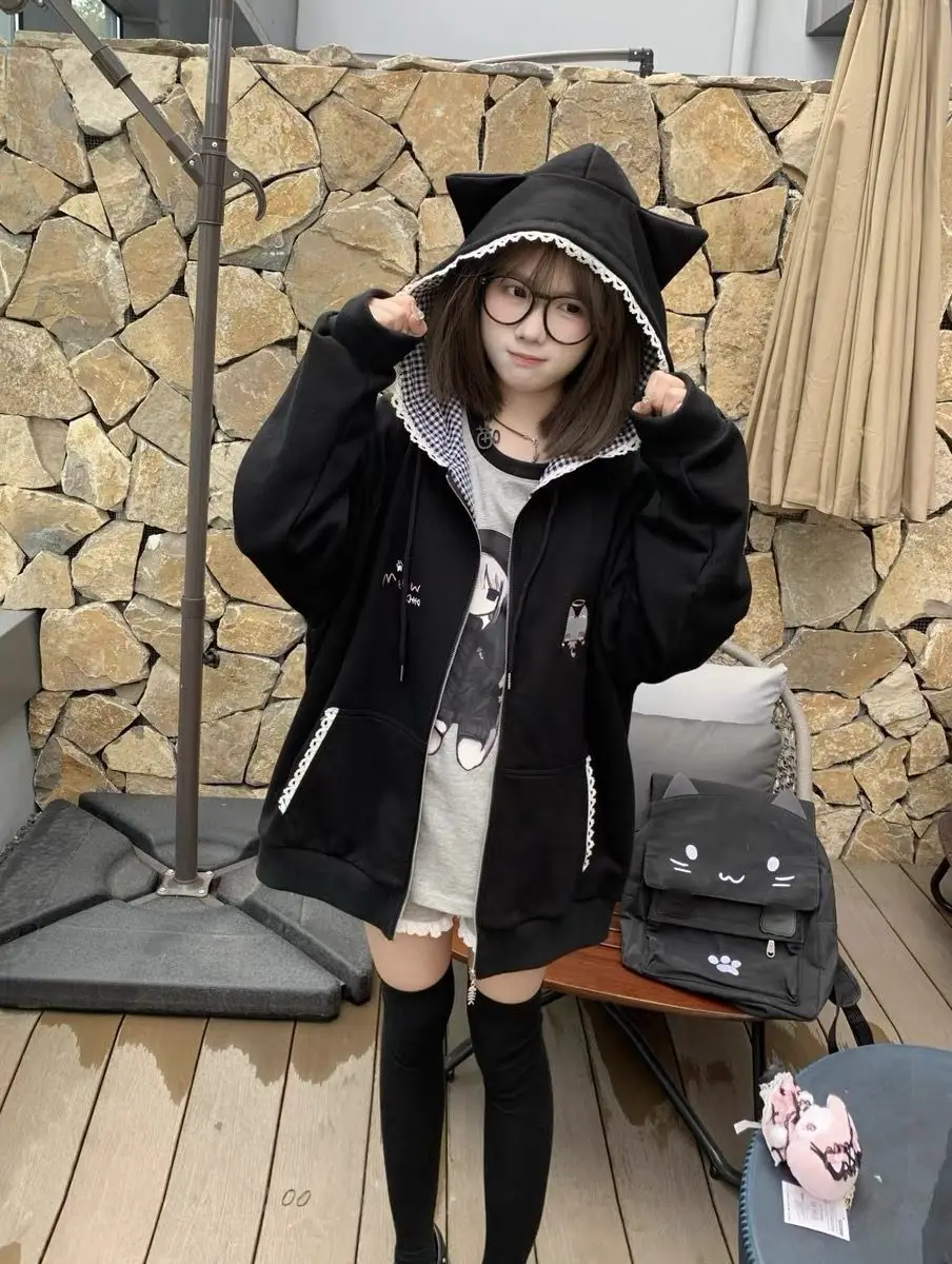 Deeptown Japanese Style Kawaii Hoodies Women Harajuku Sweet Cartoon Hooded Sweatshirt Thin Cutecore Oversize Zipper Cardigan