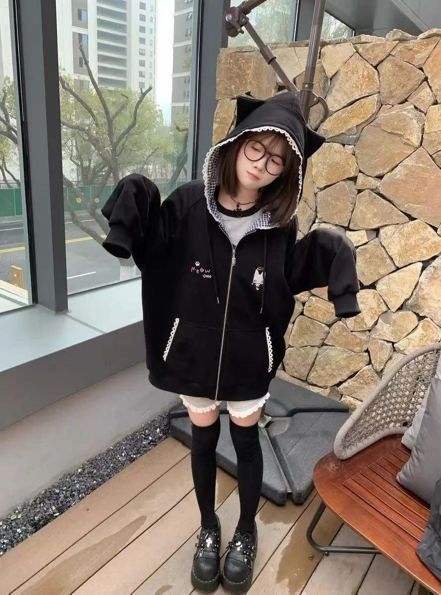 Deeptown Japanese Style Kawaii Hoodies Women Harajuku Sweet Cartoon Hooded Sweatshirt Thin Cutecore Oversize Zipper Cardigan