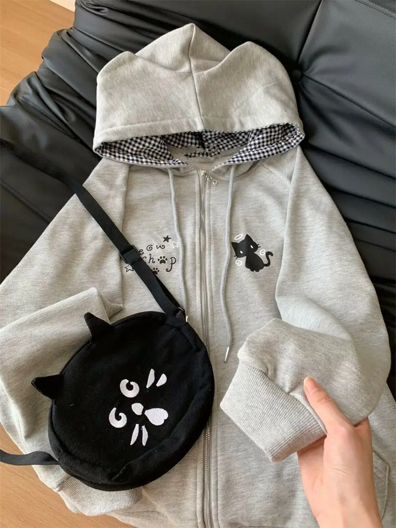 Deeptown Japanese Style Kawaii Hoodies Women Harajuku Sweet Cartoon Hooded Sweatshirt Thin Cutecore Oversize Zipper Cardigan