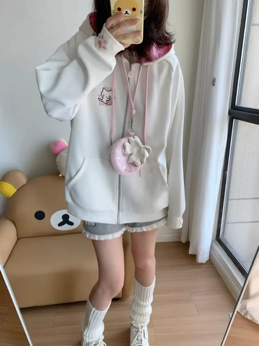Deeptown Japanese Style Kawaii Hoodies Women Harajuku Sweet Cartoon Hooded Sweatshirt Thin Cutecore Oversize Zipper Cardigan