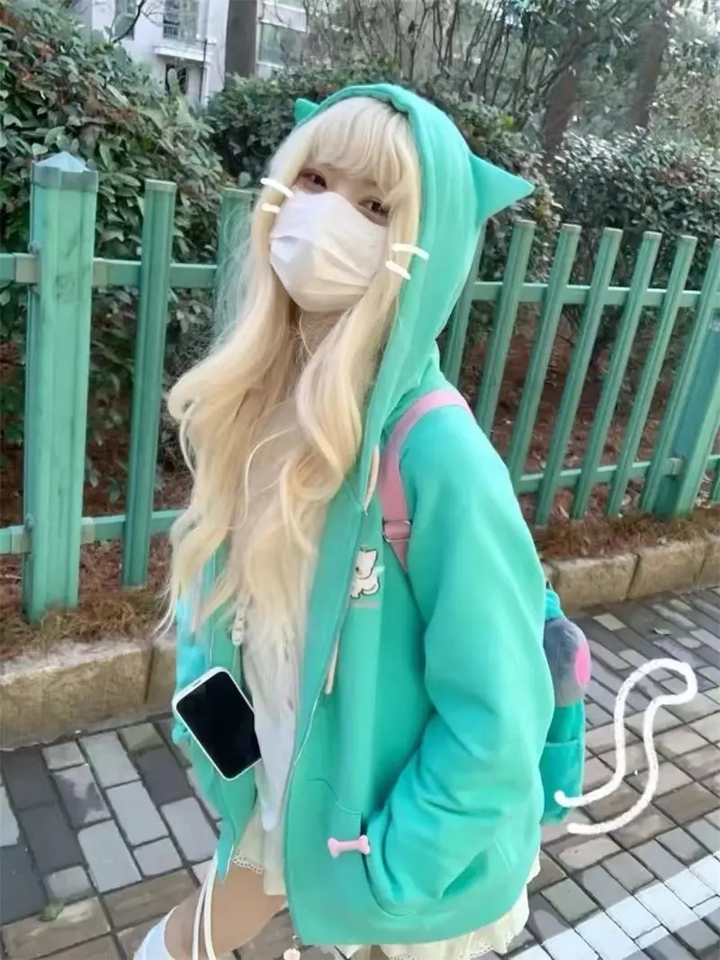 Deeptown Japanese Style Kawaii Hoodies Women Harajuku Sweet Cartoon Hooded Sweatshirt Thin Cutecore Oversize Zipper Cardigan