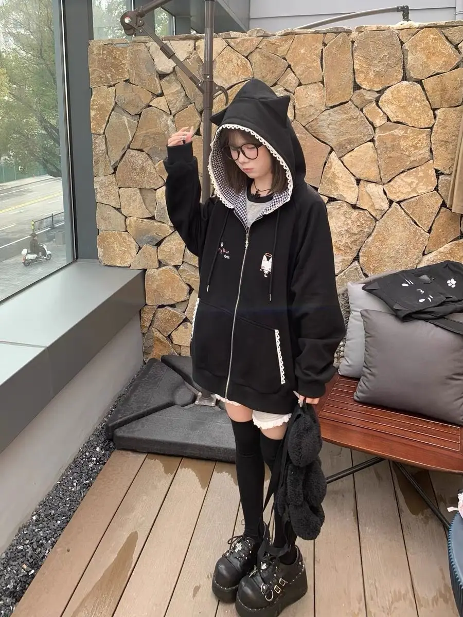Deeptown Japanese Style Kawaii Hoodies Women Harajuku Sweet Cartoon Hooded Sweatshirt Thin Cutecore Oversize Zipper Cardigan