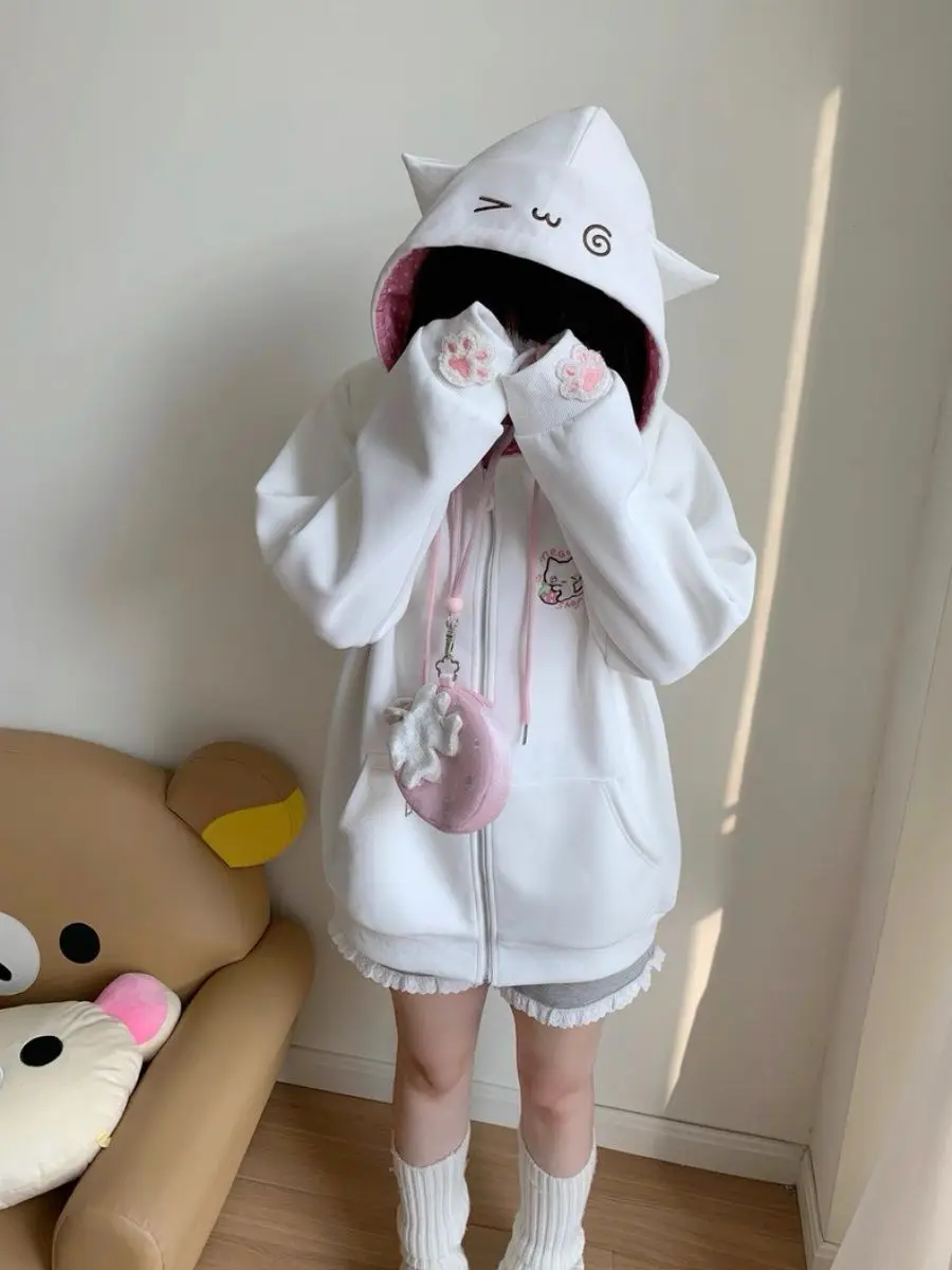 Deeptown Japanese Style Kawaii Hoodies Women Harajuku Sweet Cartoon Hooded Sweatshirt Thin Cutecore Oversize Zipper Cardigan