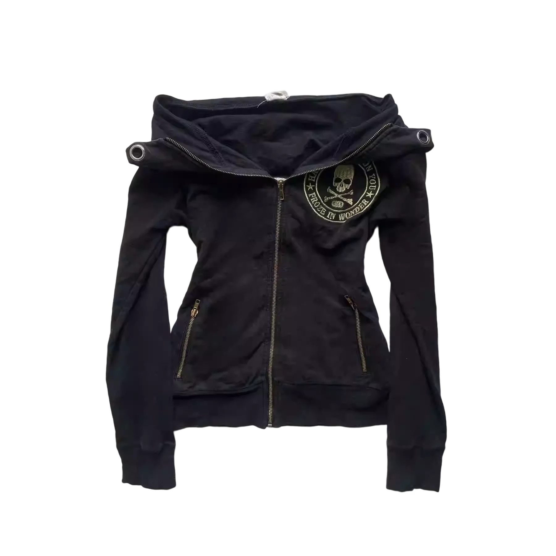 Women Punk Goth Y2K Hooded Zip Up Sweatshirt with Skeleton Cross Bones Pattern and Gold Lettering Fall Winter Streetwear Top