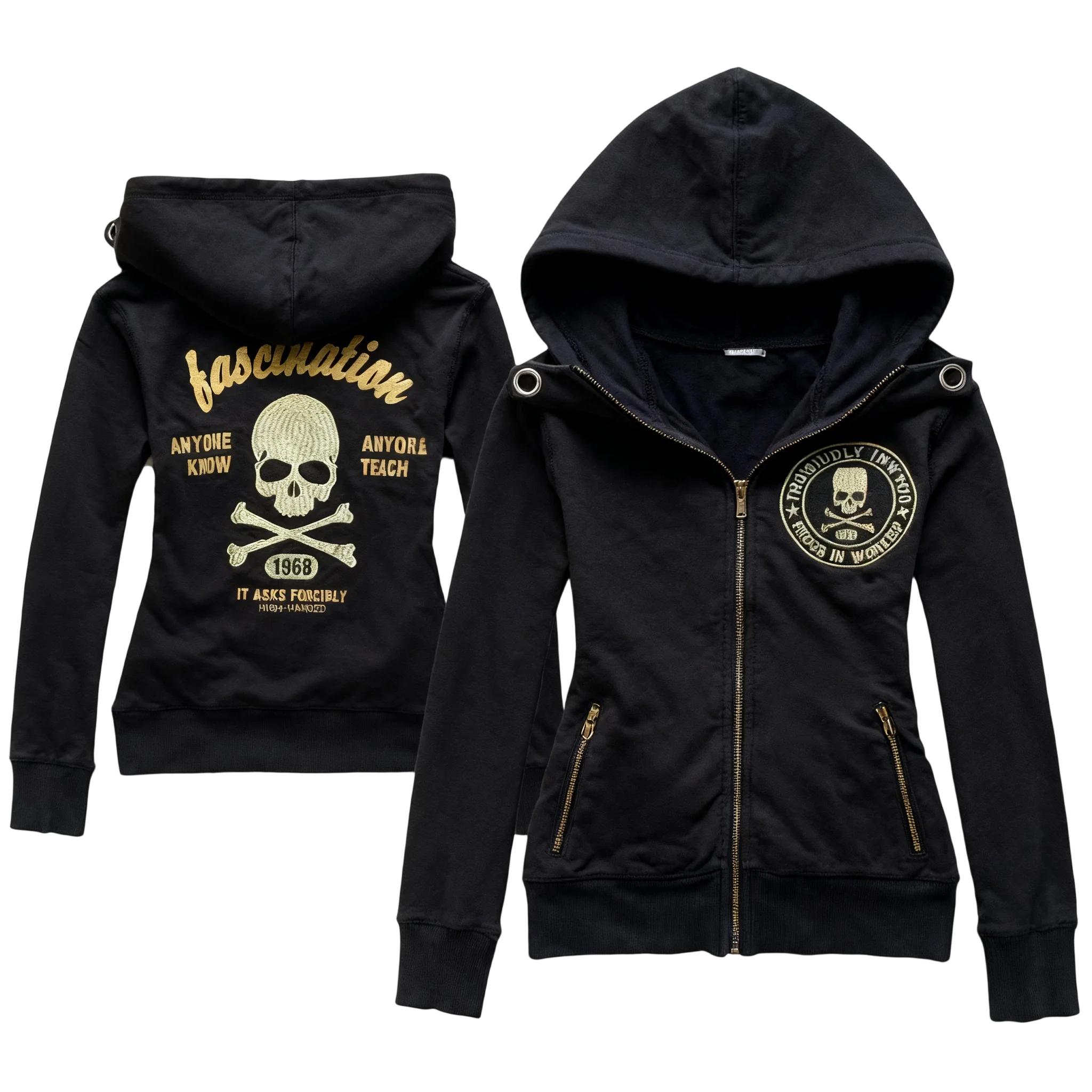 Women Punk Goth Y2K Hooded Zip Up Sweatshirt with Skeleton Cross Bones Pattern and Gold Lettering Fall Winter Streetwear Top