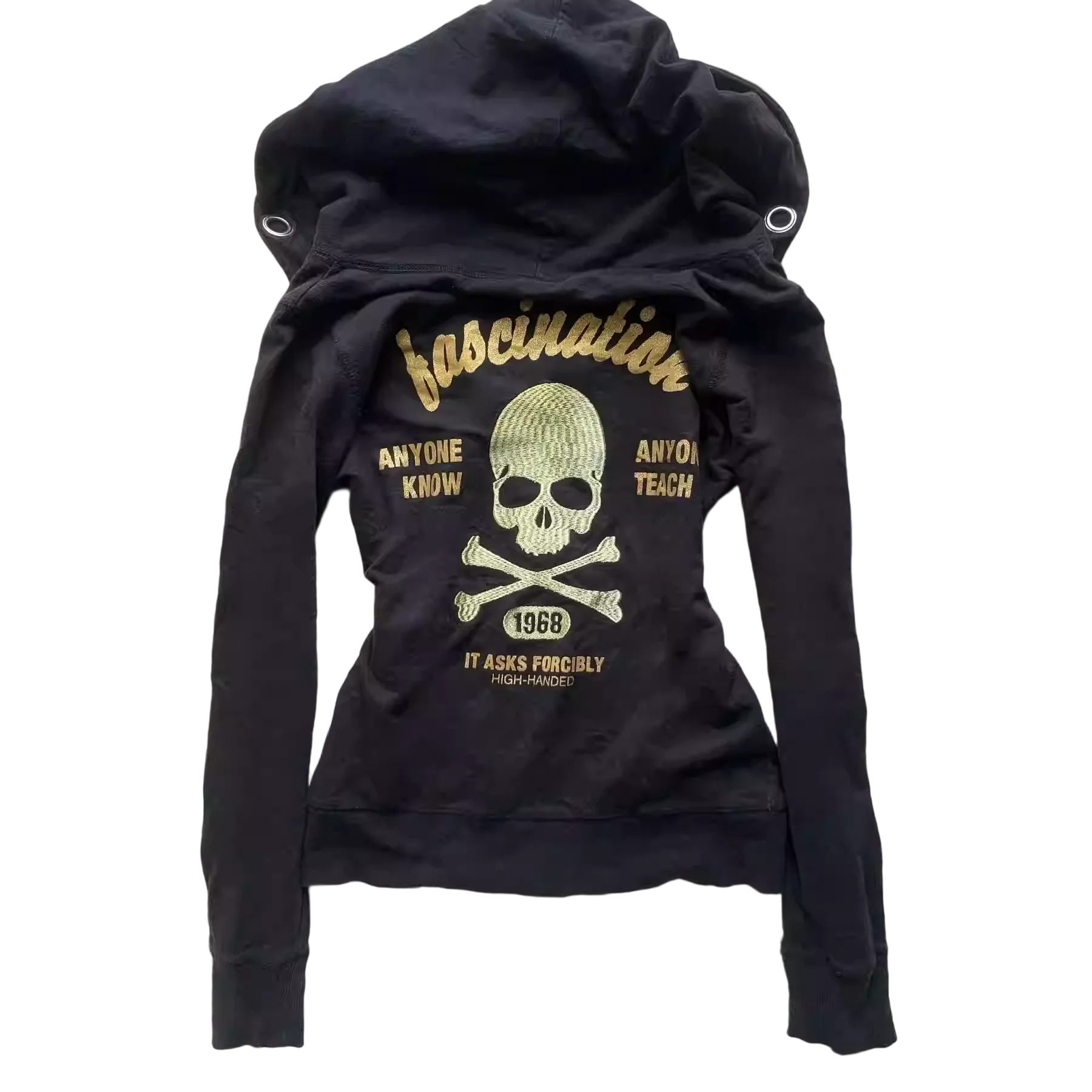 Women Punk Goth Y2K Hooded Zip Up Sweatshirt with Skeleton Cross Bones Pattern and Gold Lettering Fall Winter Streetwear Top