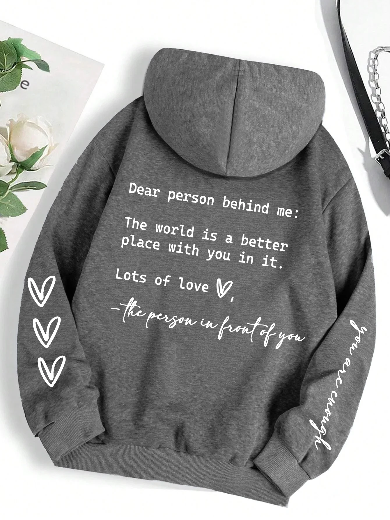 Dear Person Behind Me Letter Graphic Print Hoody Women's Fashion Soft Sweatshirt Autumn Warm Fleece Hooded Casual Loose Tops