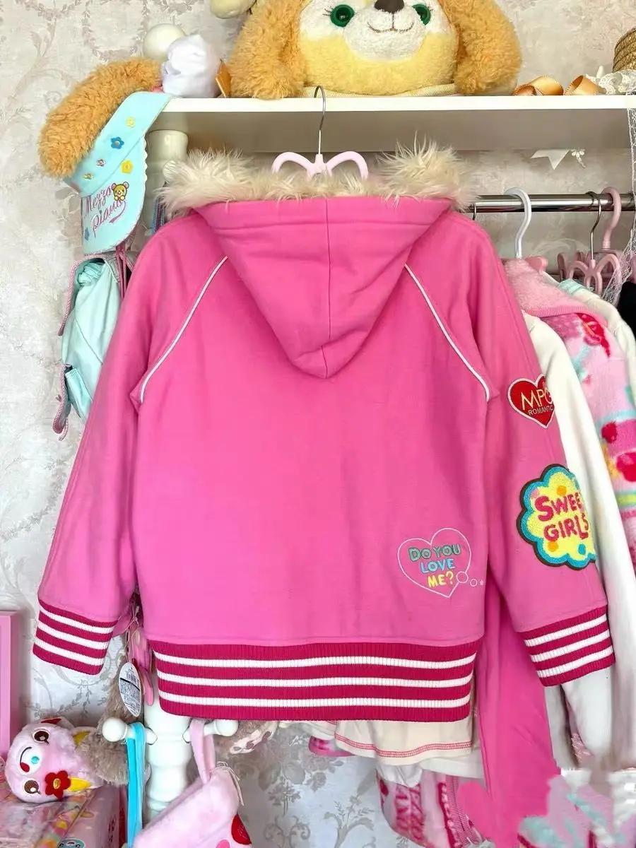 Japanese Cartoon Mp Faux Fur Collar Patchwork Hoodies Women Spring New Daughter Clothing Jojifuku Sweet Girl Baseball Jersey