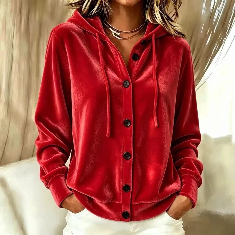 2026 Fashion Golden Velvet Sweatshirt Hoodies Women's Loose Coat Spring Autumn Long-sleeve Single-breasted Casual Pleuche Jacket