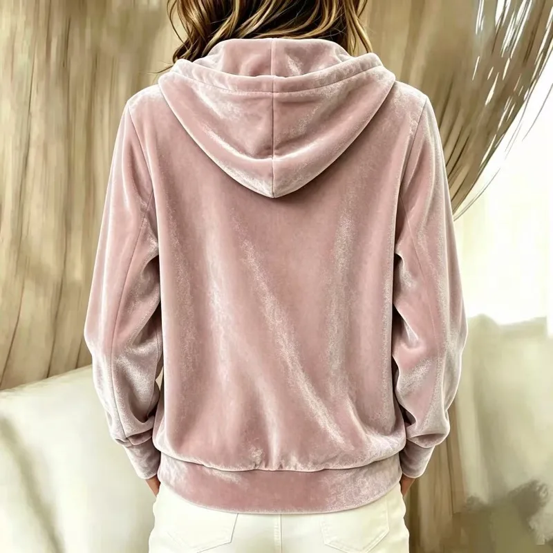 2026 Fashion Golden Velvet Sweatshirt Hoodies Women's Loose Coat Spring Autumn Long-sleeve Single-breasted Casual Pleuche Jacket