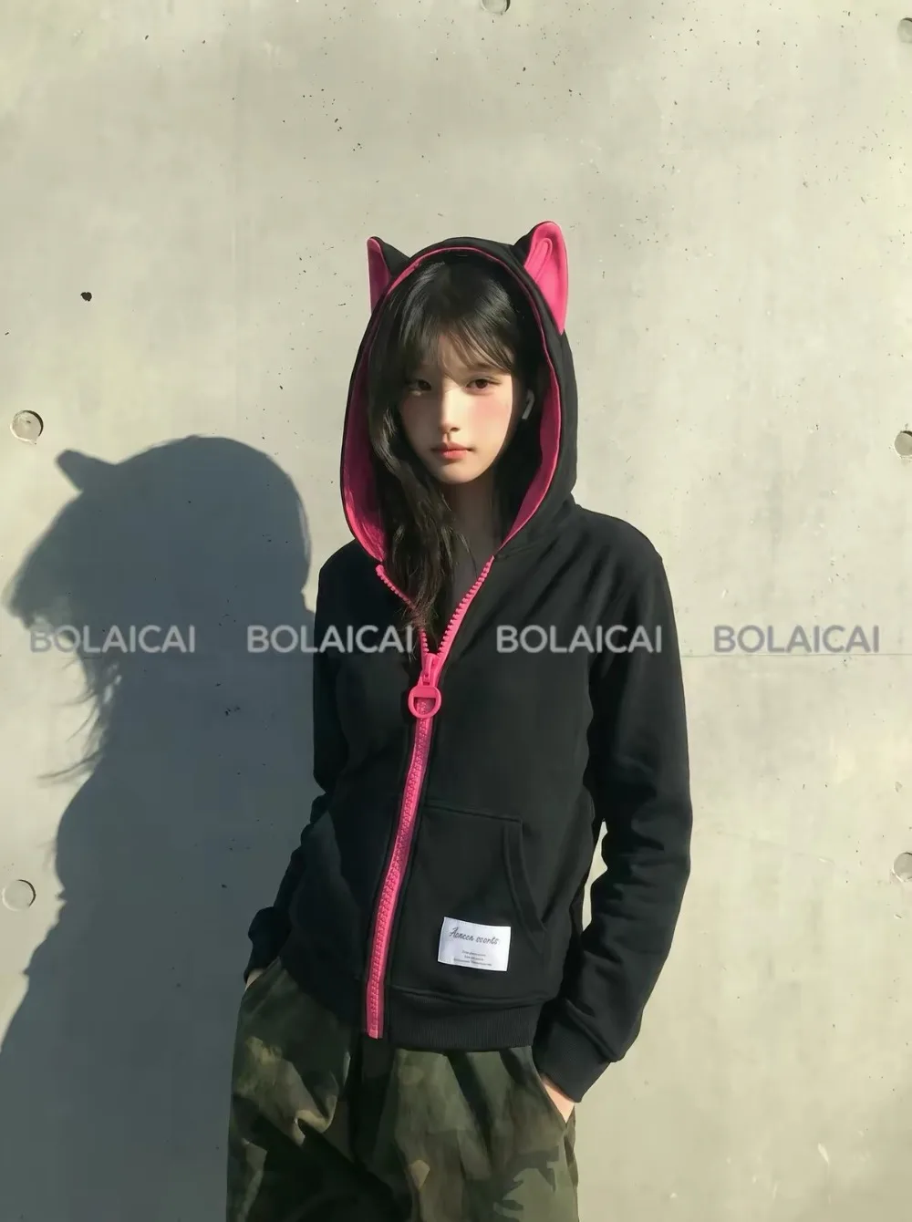 Y2K Rose Pink Big Zip Sweatshirt Women Harajuku Cute Kitten Ear Graphic Hooded Sweatshirt Gothic Black Slim Fit Hoodie Jacket