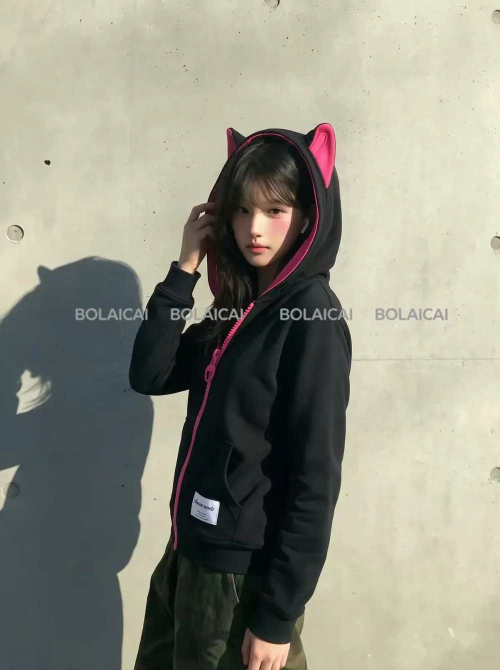 Y2K Rose Pink Big Zip Sweatshirt Women Harajuku Cute Kitten Ear Graphic Hooded Sweatshirt Gothic Black Slim Fit Hoodie Jacket