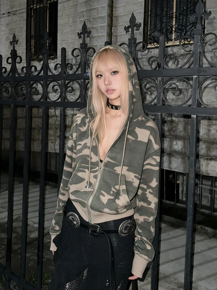 Tonngirls Y2k Aesthetic Hoodies Women Waffle Knit Long Sleeve Camo Sweatshirt Japanese 2000s Vintage Zip Up Hoodie Retro Jacket