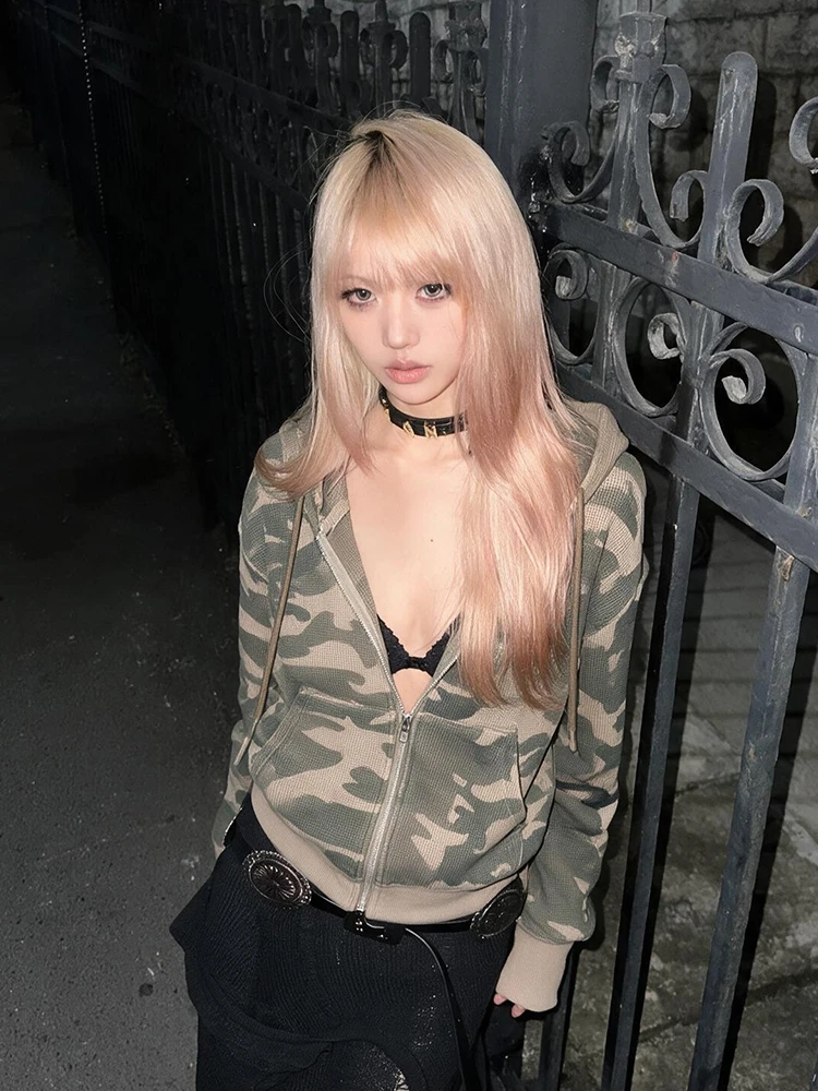 Tonngirls Y2k Aesthetic Hoodies Women Waffle Knit Long Sleeve Camo Sweatshirt Japanese 2000s Vintage Zip Up Hoodie Retro Jacket