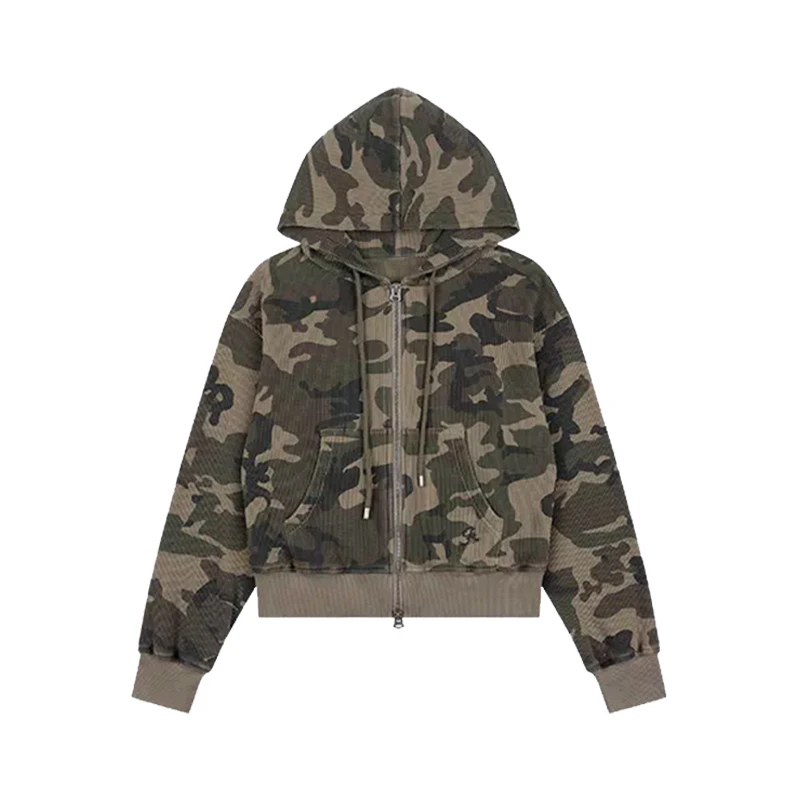 Tonngirls Y2k Aesthetic Hoodies Women Waffle Knit Long Sleeve Camo Sweatshirt Japanese 2000s Vintage Zip Up Hoodie Retro Jacket