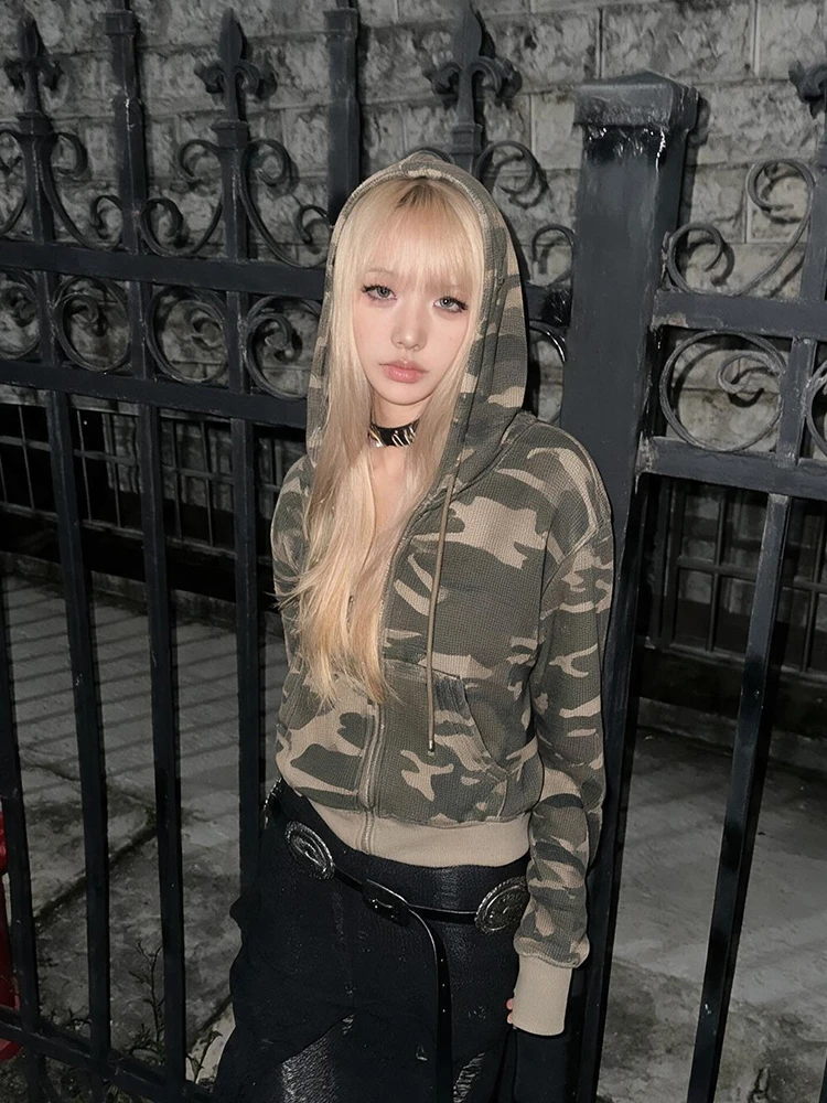 Tonngirls Y2k Aesthetic Hoodies Women Waffle Knit Long Sleeve Camo Sweatshirt Japanese 2000s Vintage Zip Up Hoodie Retro Jacket