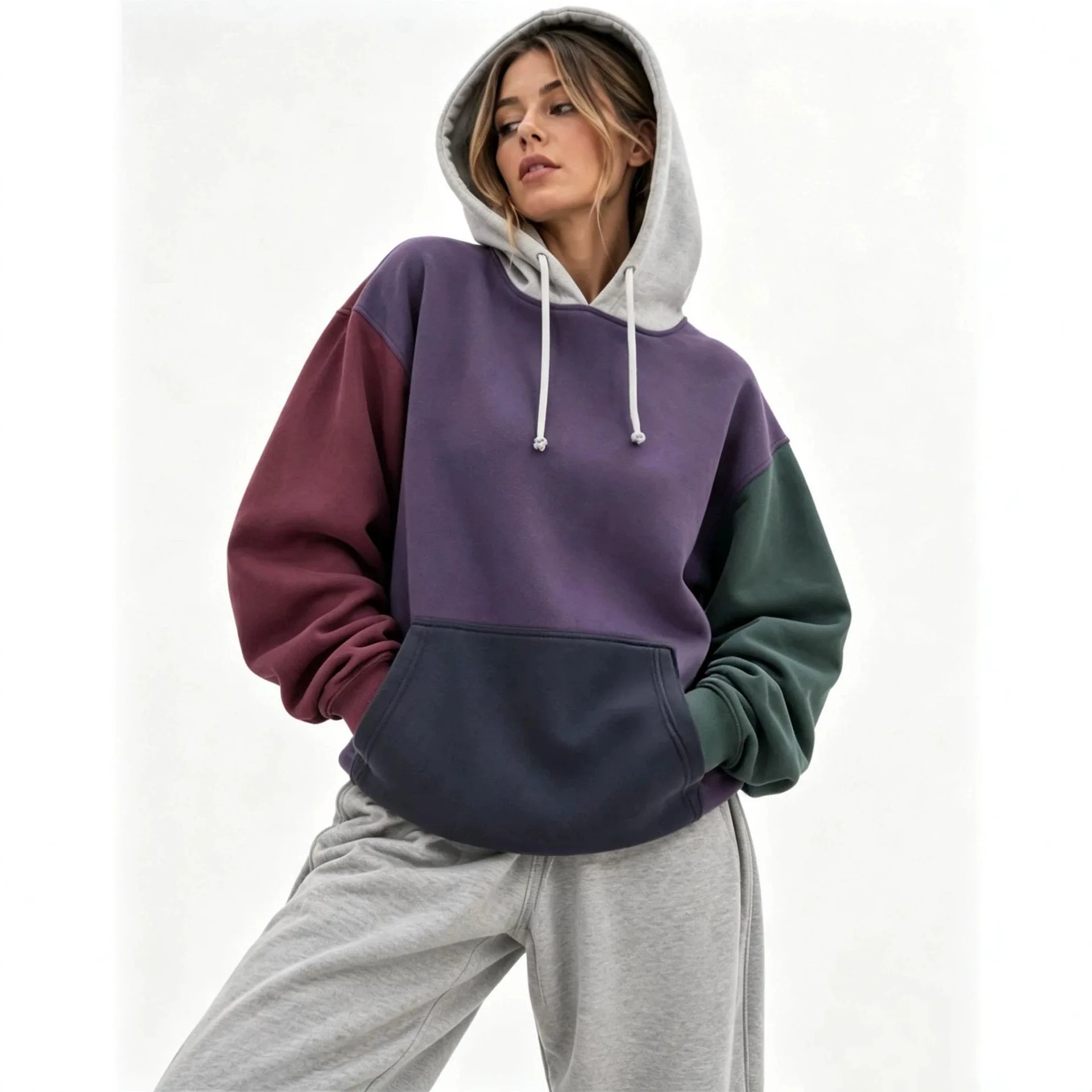 Fall Winter Patchwork Color Block Hoodie Men Women Drawstring Kangaroo Pocket Long Sleeve Oversized Streetwear Pullover