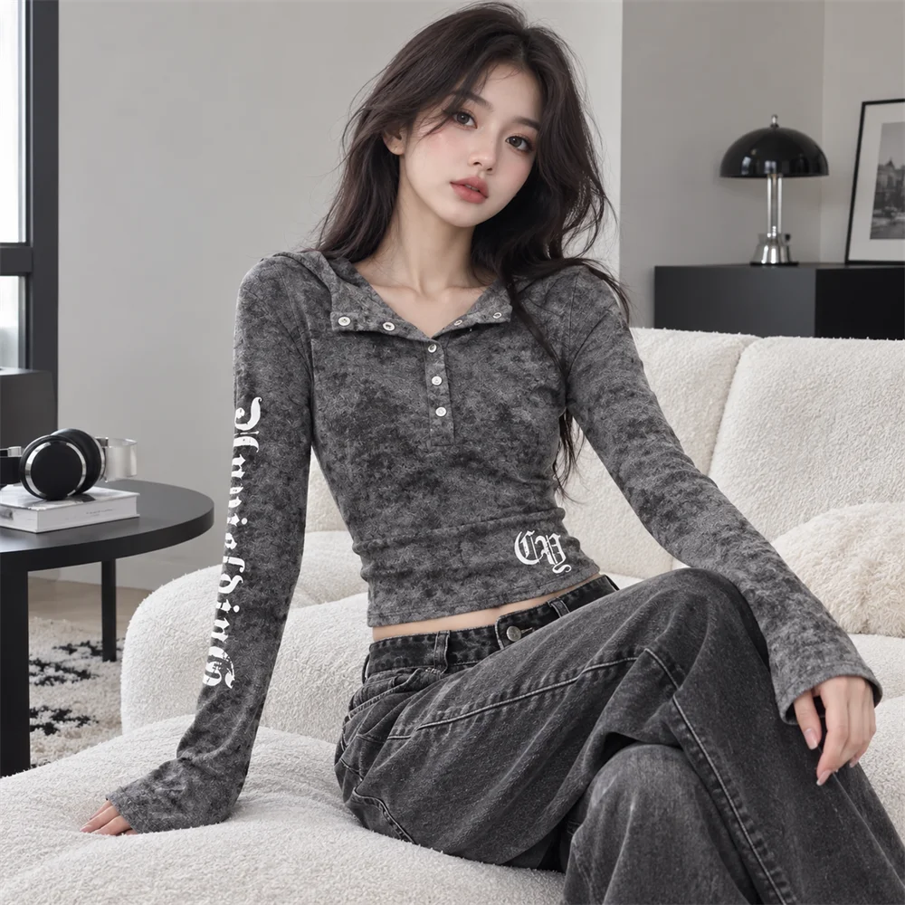 Women's Letter Print Hooded Long Sleeve Top Slim Fit Casual Streetwear Shirt