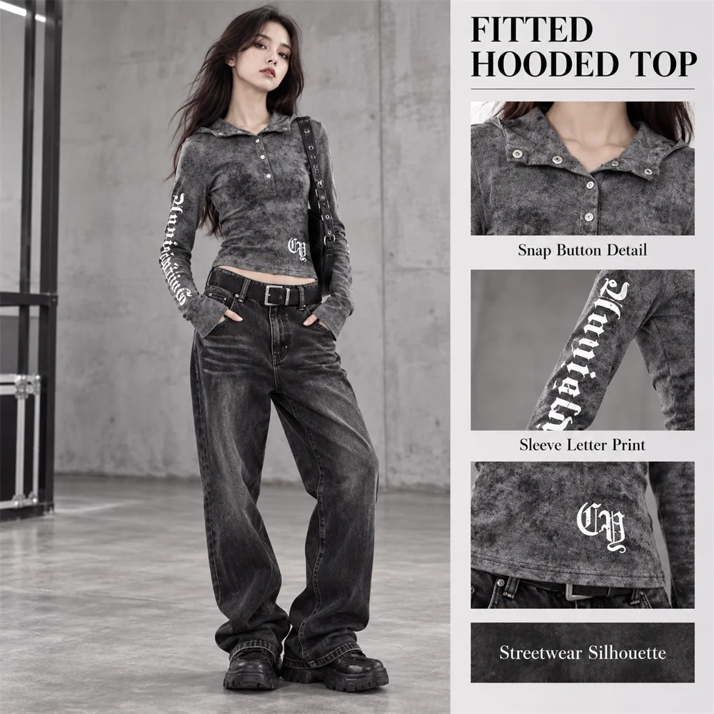 Women's Letter Print Hooded Long Sleeve Top Slim Fit Casual Streetwear Shirt