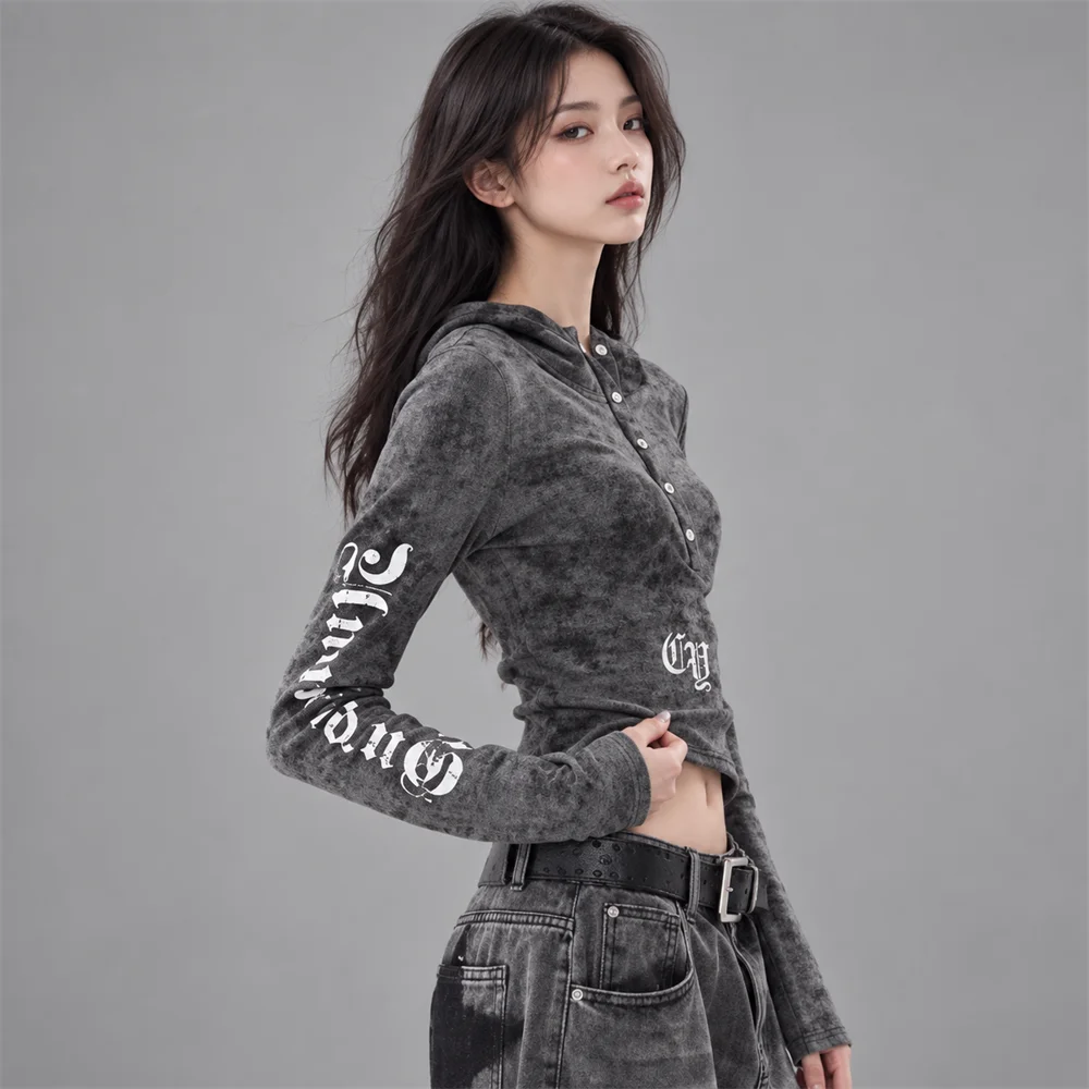 Women's Letter Print Hooded Long Sleeve Top Slim Fit Casual Streetwear Shirt