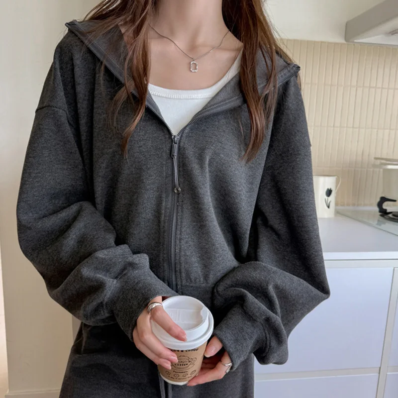Casual Zipper Up Hooded Sweatshirt Women Solid Color Loose Long Sleeve Hoodies Coats for Woman Spring Autumn Wild Sport Jackets