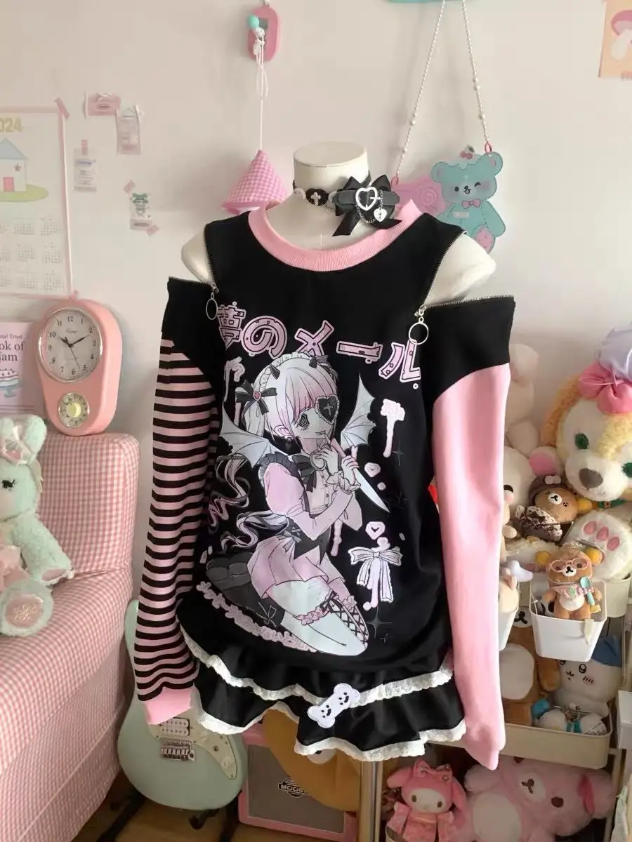 Women Japanese Otaku Anime Long Sleeve T-Shirt Loose Kawaii Casual Top Harajuku Subculture Spring Summer Sweatshirt Tee
