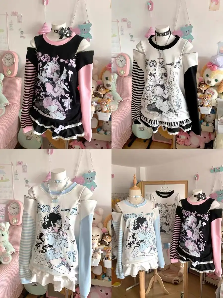 Women Japanese Otaku Anime Long Sleeve T-Shirt Loose Kawaii Casual Top Harajuku Subculture Spring Summer Sweatshirt Tee