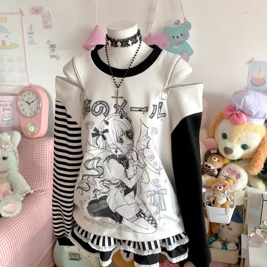 Women Japanese Otaku Anime Long Sleeve T-Shirt Loose Kawaii Casual Top Harajuku Subculture Spring Summer Sweatshirt Tee