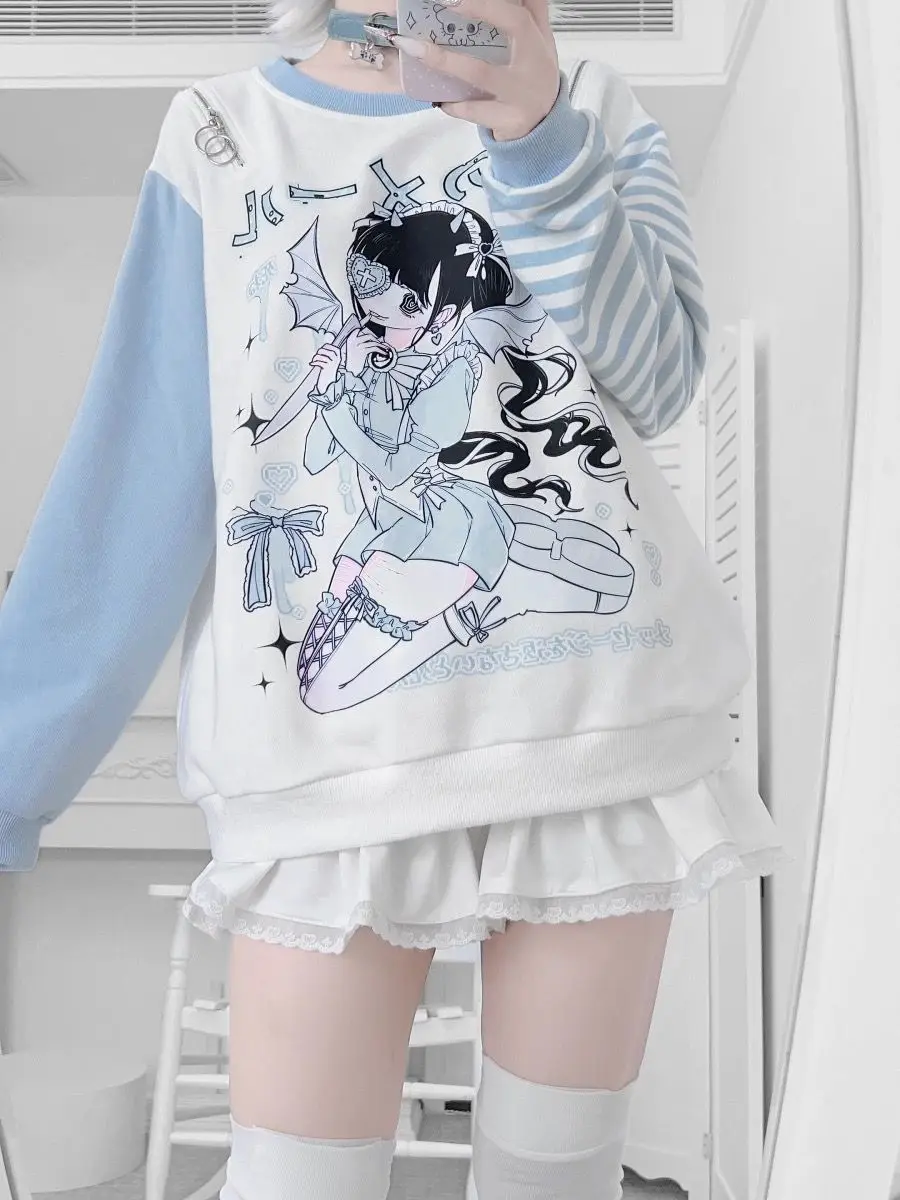 Women Japanese Otaku Anime Long Sleeve T-Shirt Loose Kawaii Casual Top Harajuku Subculture Spring Summer Sweatshirt Tee