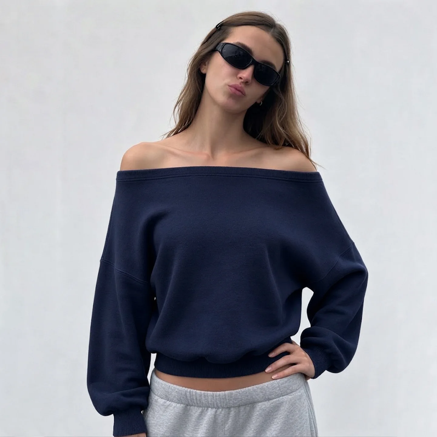 Absobe Women Off Shoulder Casual Sweatshirts Fashion Solid Color Long Sleeve Loose Pullover Tops Y2K Hot Girl Streetwear Outfit
