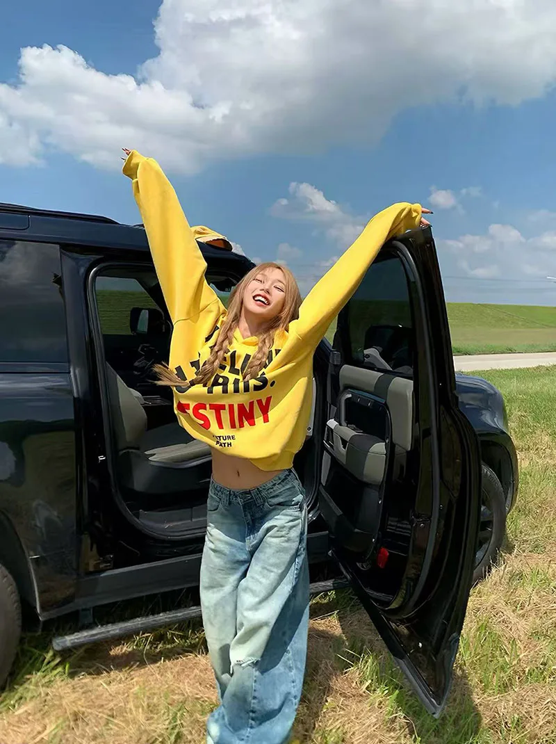 Letter Print Hoodie for Women American Loose Streetwear Warm Pullover Bf Autumn Winter Thick All Match Yellow Sweatshirts