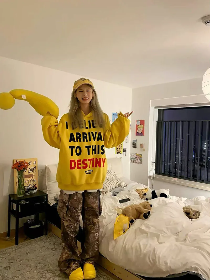 Letter Print Hoodie for Women American Loose Streetwear Warm Pullover Bf Autumn Winter Thick All Match Yellow Sweatshirts
