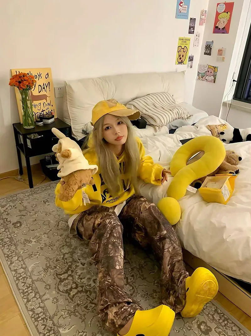 Letter Print Hoodie for Women American Loose Streetwear Warm Pullover Bf Autumn Winter Thick All Match Yellow Sweatshirts
