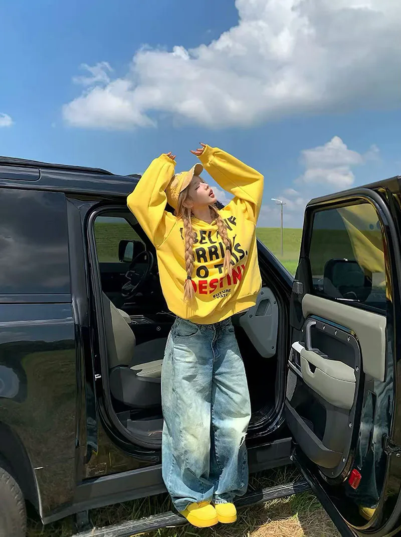 Letter Print Hoodie for Women American Loose Streetwear Warm Pullover Bf Autumn Winter Thick All Match Yellow Sweatshirts