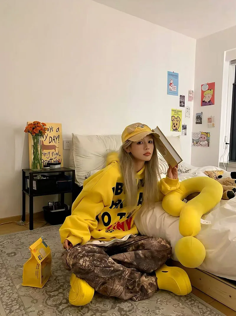 Letter Print Hoodie for Women American Loose Streetwear Warm Pullover Bf Autumn Winter Thick All Match Yellow Sweatshirts