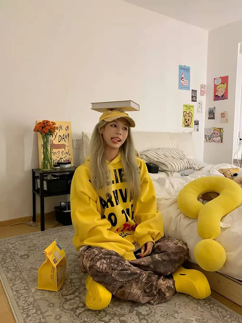 Letter Print Hoodie for Women American Loose Streetwear Warm Pullover Bf Autumn Winter Thick All Match Yellow Sweatshirts