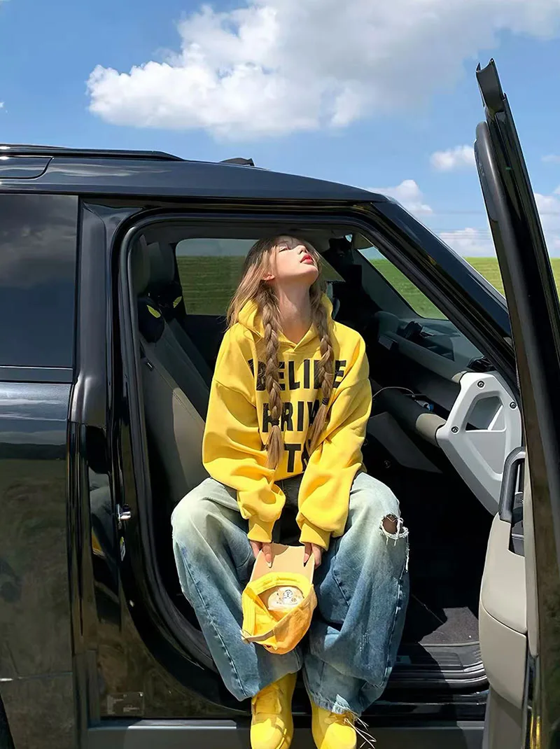 Letter Print Hoodie for Women American Loose Streetwear Warm Pullover Bf Autumn Winter Thick All Match Yellow Sweatshirts