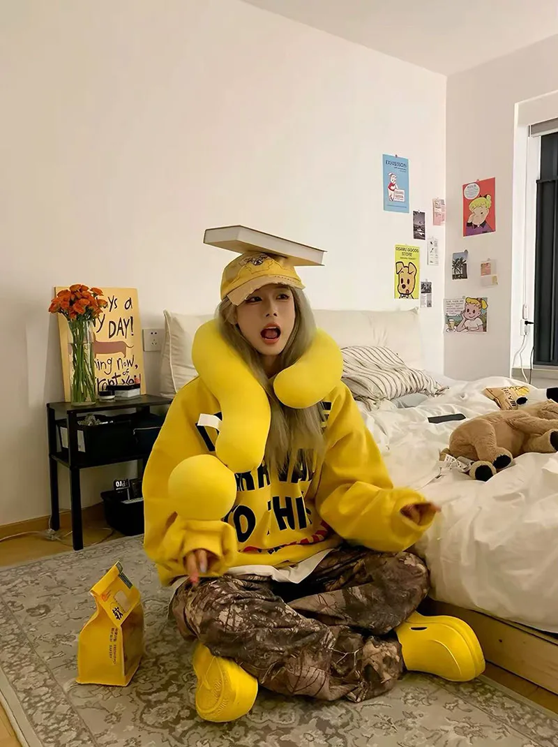 Letter Print Hoodie for Women American Loose Streetwear Warm Pullover Bf Autumn Winter Thick All Match Yellow Sweatshirts